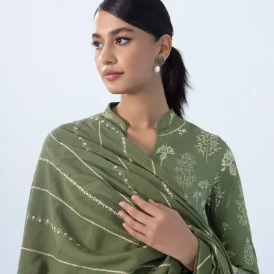 3 Piece - Embroidered Cotton Satin Suit