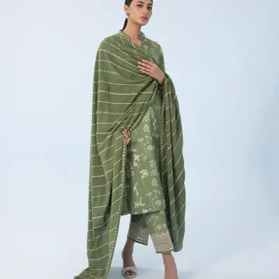 3 Piece - Embroidered Cotton Satin Suit