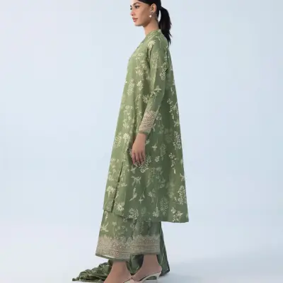 3 Piece - Embroidered Cotton Satin Suit