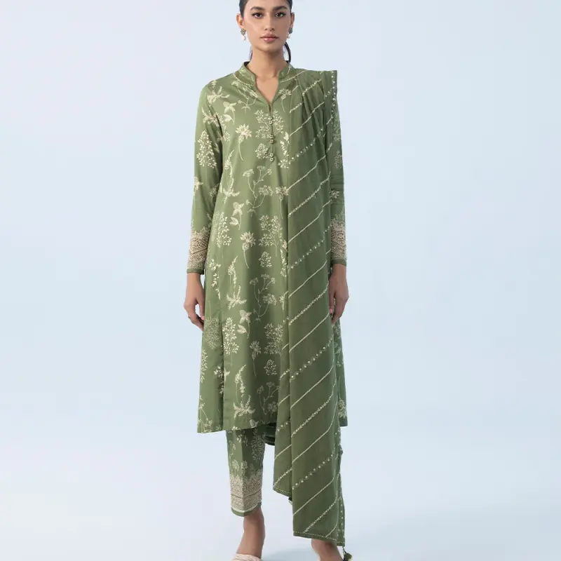 3 Piece - Embroidered Cotton Satin Suit